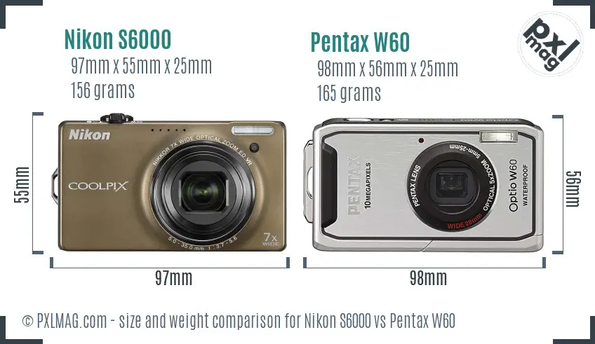 Nikon S6000 vs Pentax W60 size comparison