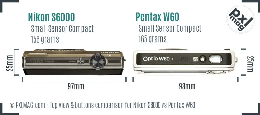 Nikon S6000 vs Pentax W60 top view buttons comparison