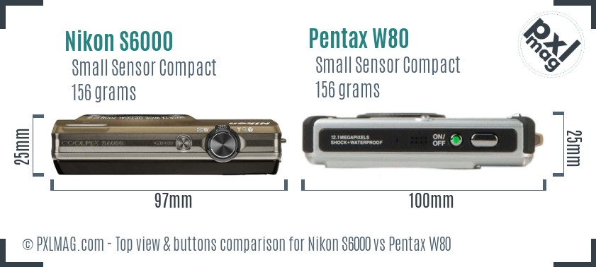 Nikon S6000 vs Pentax W80 top view buttons comparison
