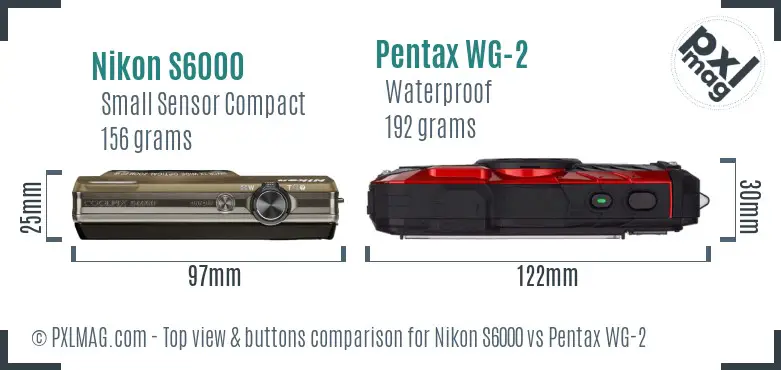 Nikon S6000 vs Pentax WG-2 top view buttons comparison Nikon S6000 vs Pentax WG-2 top view buttons comparison