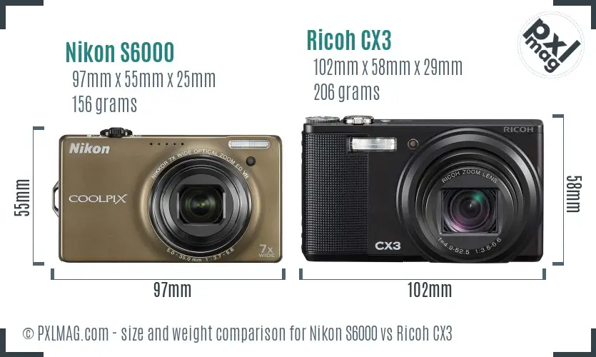 Nikon S6000 vs Ricoh CX3 size comparison Nikon S6000 vs Ricoh CX3 size comparison
