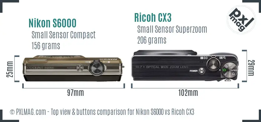Nikon S6000 vs Ricoh CX3 top view buttons comparison Nikon S6000 vs Ricoh CX3 top view buttons comparison