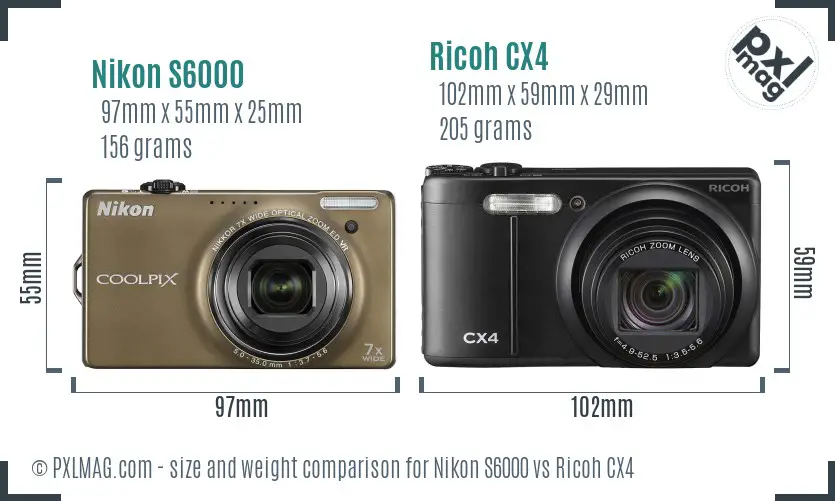 Nikon S6000 vs Ricoh CX4 size comparison
