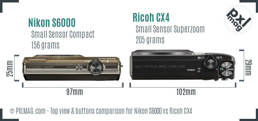 Nikon S6000 vs Ricoh CX4 top view buttons comparison