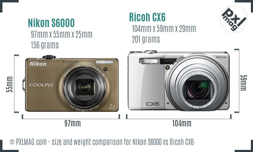 Nikon S6000 vs Ricoh CX6 size comparison