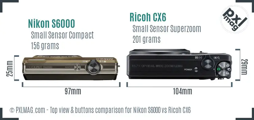 Nikon S6000 vs Ricoh CX6 top view buttons comparison