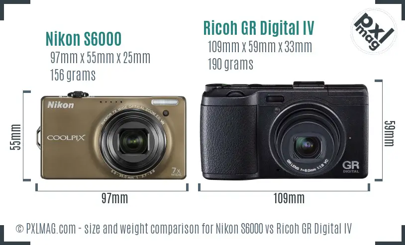 Nikon S6000 vs Ricoh GR Digital IV size comparison