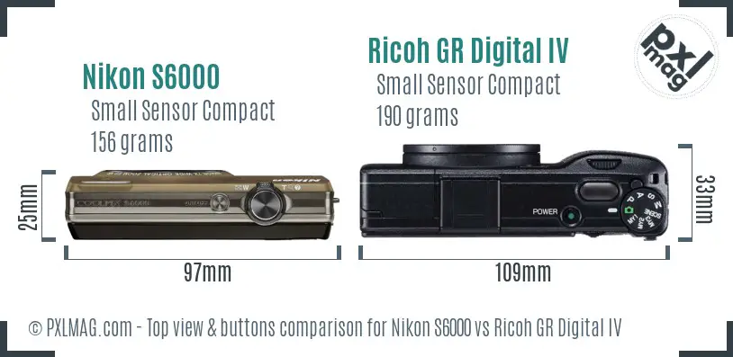 Nikon S6000 vs Ricoh GR Digital IV top view buttons comparison