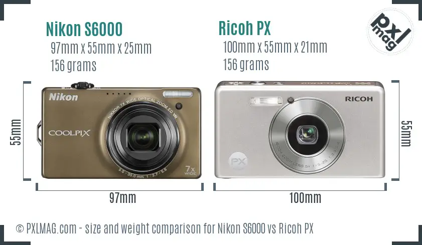 Nikon S6000 vs Ricoh PX size comparison