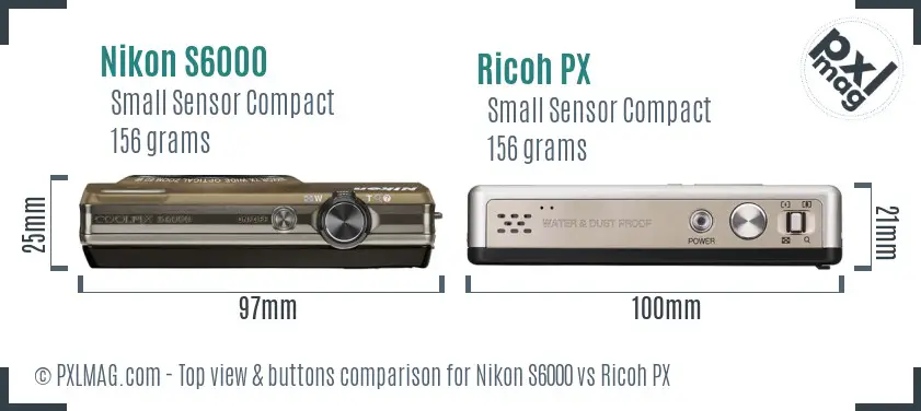 Nikon S6000 vs Ricoh PX top view buttons comparison