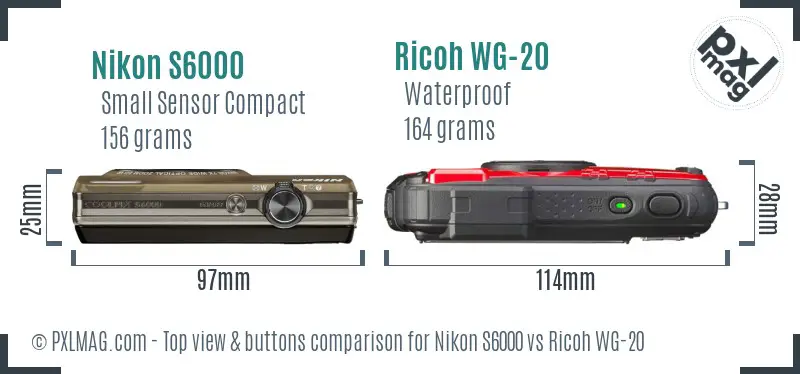 Nikon S6000 vs Ricoh WG-20 top view buttons comparison Nikon S6000 vs Ricoh WG-20 top view buttons comparison
