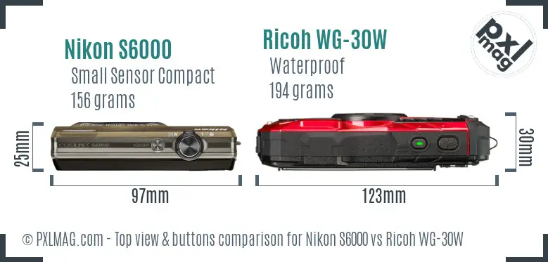 Nikon S6000 vs Ricoh WG-30W top view buttons comparison
