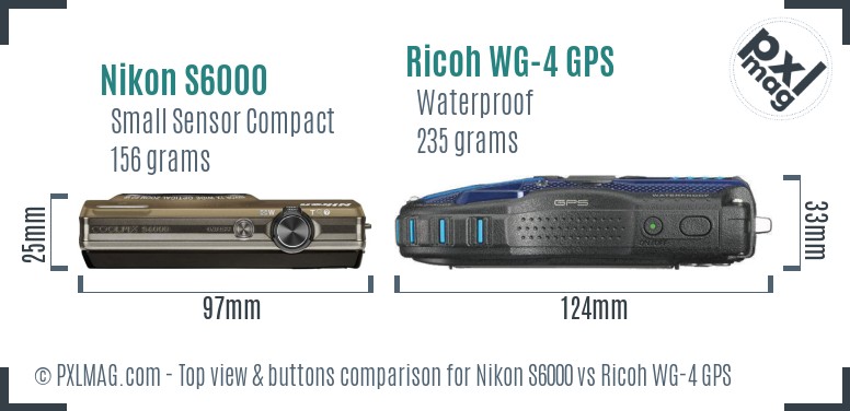 Nikon S6000 vs Ricoh WG-4 GPS top view buttons comparison