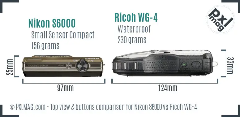 Nikon S6000 vs Ricoh WG-4 top view buttons comparison Nikon S6000 vs Ricoh WG-4 top view buttons comparison