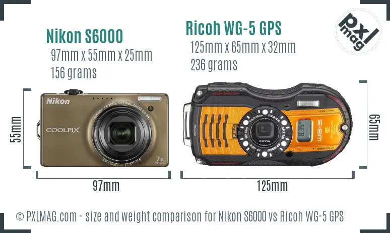 Nikon S6000 vs Ricoh WG-5 GPS size comparison