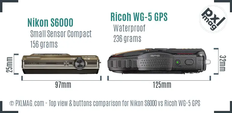Nikon S6000 vs Ricoh WG-5 GPS top view buttons comparison