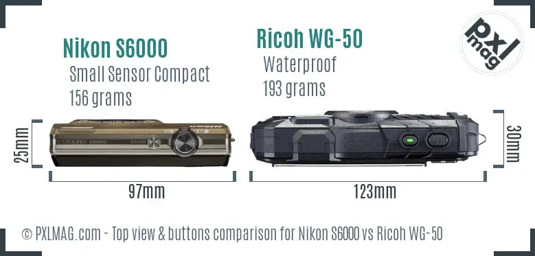 Nikon S6000 vs Ricoh WG-50 top view buttons comparison Nikon S6000 vs Ricoh WG-50 top view buttons comparison