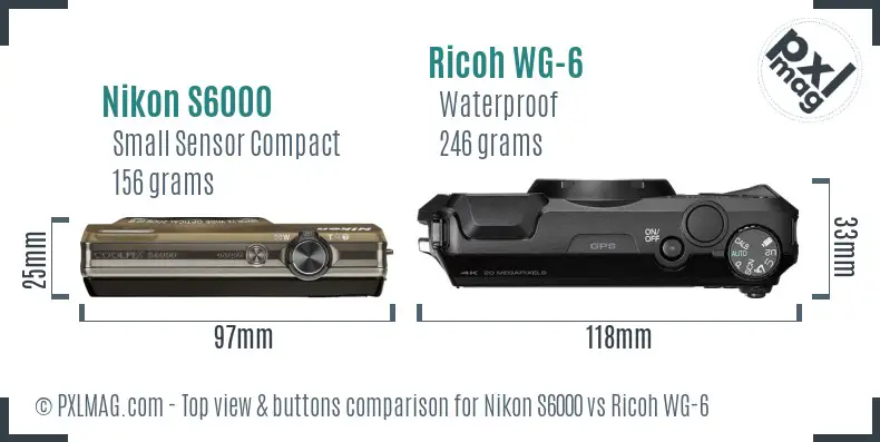 Nikon S6000 vs Ricoh WG-6 top view buttons comparison Nikon S6000 vs Ricoh WG-6 top view buttons comparison