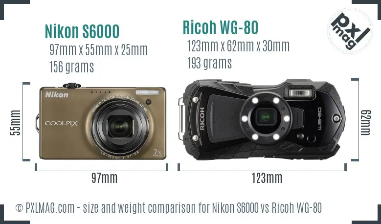 Nikon S6000 vs Ricoh WG-80 size comparison