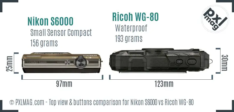 Nikon S6000 vs Ricoh WG-80 top view buttons comparison