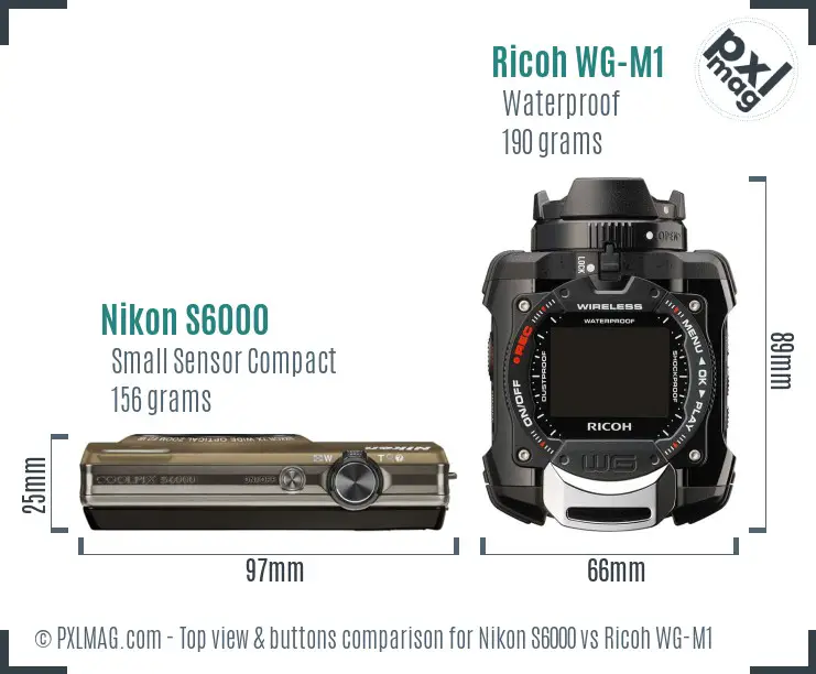 Nikon S6000 vs Ricoh WG-M1 top view buttons comparison