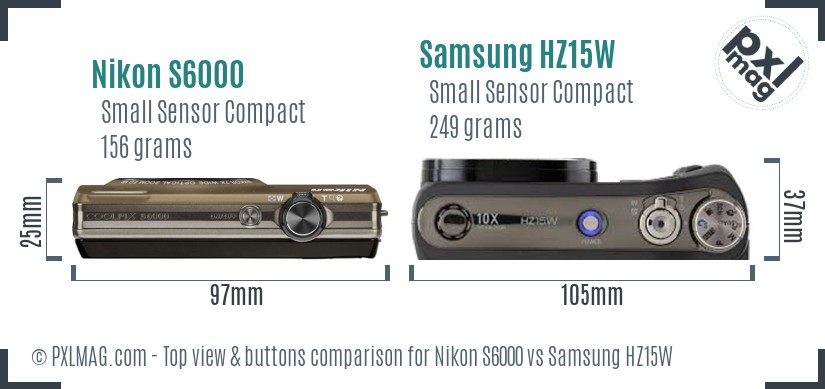 Nikon S6000 vs Samsung HZ15W top view buttons comparison