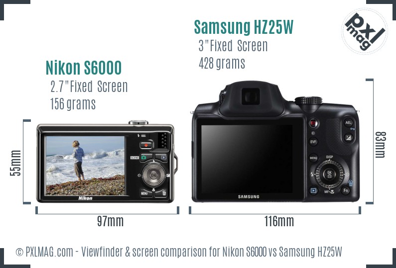 Nikon S6000 vs Samsung HZ25W Screen and Viewfinder comparison