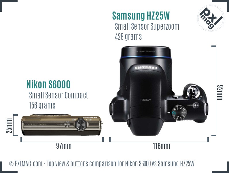 Nikon S6000 vs Samsung HZ25W top view buttons comparison