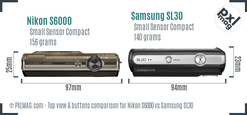 Nikon S6000 vs Samsung SL30 top view buttons comparison