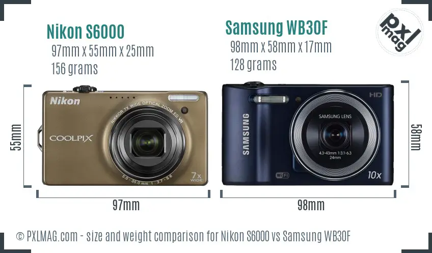 Nikon S6000 vs Samsung WB30F size comparison