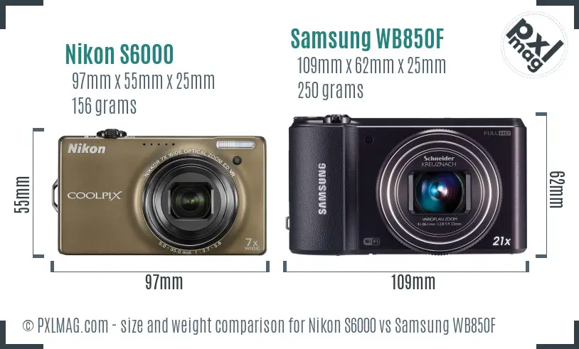 Nikon S6000 vs Samsung WB850F size comparison