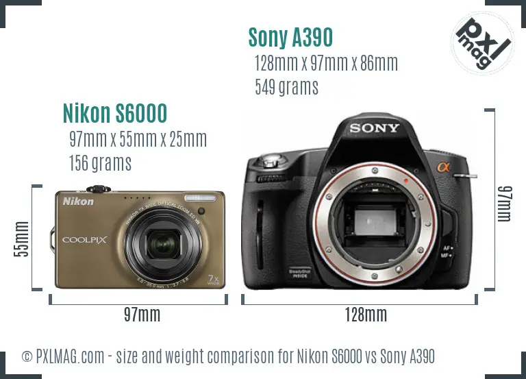 Nikon S6000 vs Sony A390 size comparison