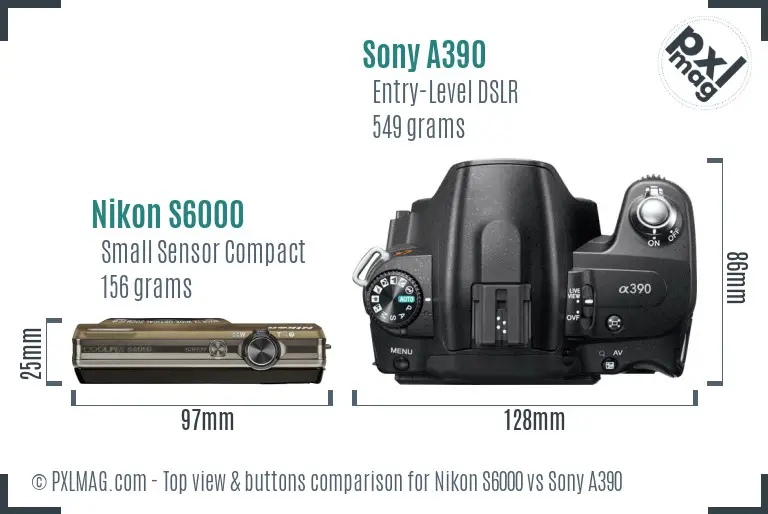 Nikon S6000 vs Sony A390 top view buttons comparison