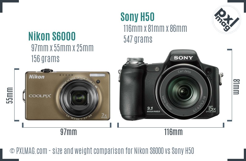 Nikon S6000 vs Sony H50 size comparison