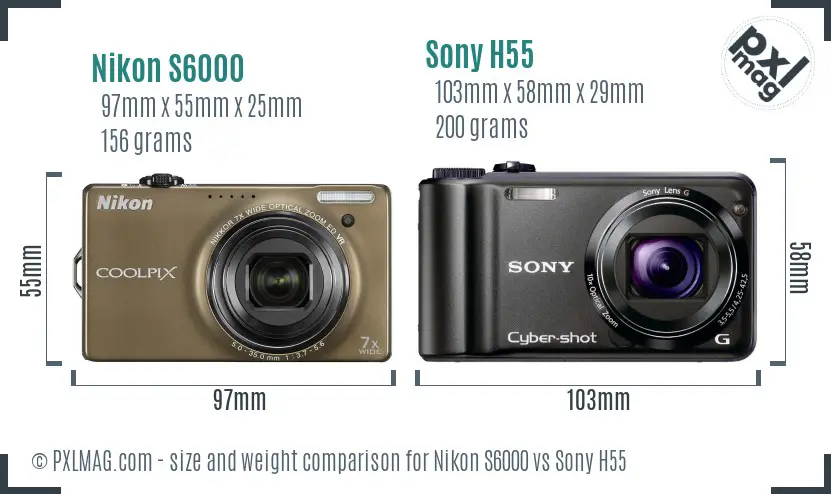 Nikon S6000 vs Sony H55 size comparison