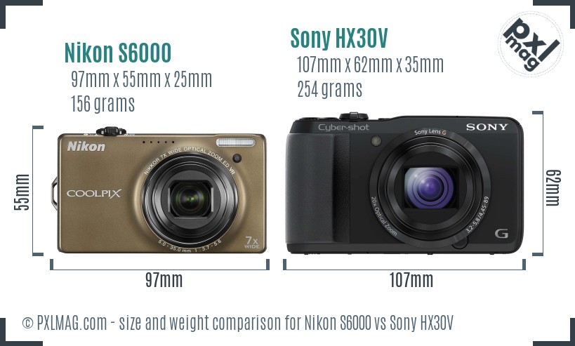 Nikon S6000 vs Sony HX30V size comparison