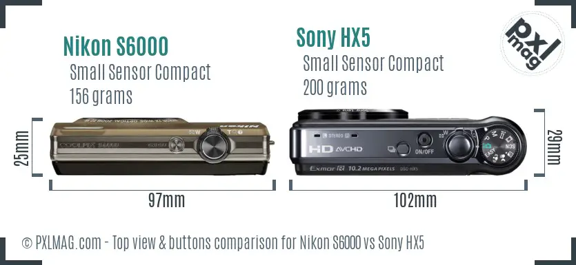 Nikon S6000 vs Sony HX5 top view buttons comparison Nikon S6000 vs Sony HX5 top view buttons comparison