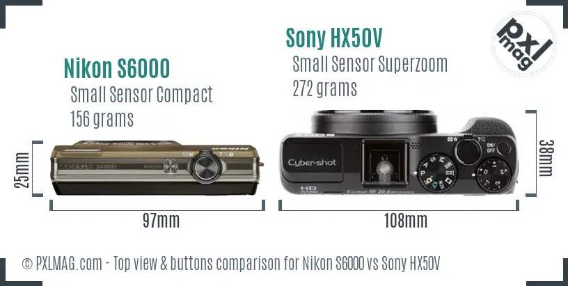 Nikon S6000 vs Sony HX50V top view buttons comparison Nikon S6000 vs Sony HX50V top view buttons comparison