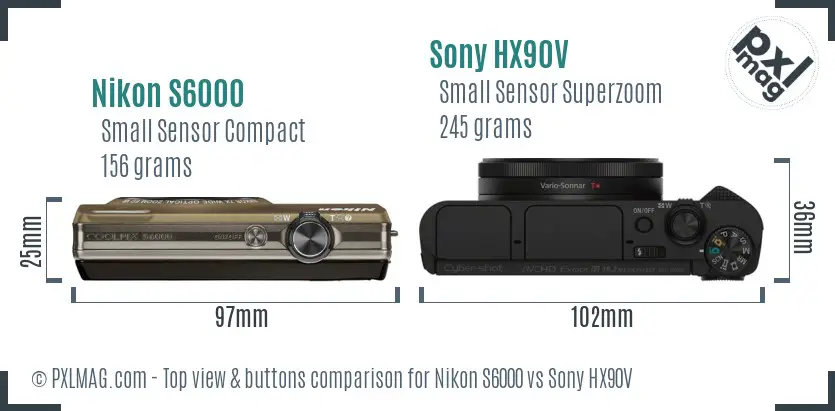 Nikon S6000 vs Sony HX90V top view buttons comparison Nikon S6000 vs Sony HX90V top view buttons comparison