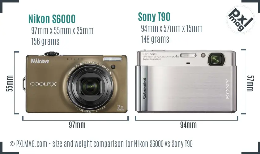 Nikon S6000 vs Sony T90 size comparison
