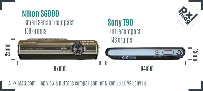 Nikon S6000 vs Sony T90 top view buttons comparison