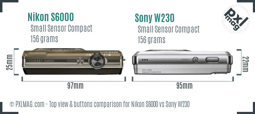 Nikon S6000 vs Sony W230 top view buttons comparison Nikon S6000 vs Sony W230 top view buttons comparison