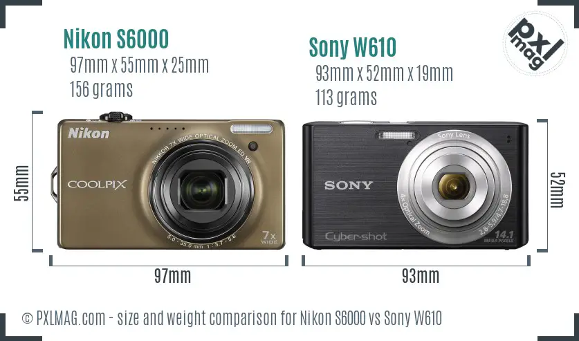 Nikon S6000 vs Sony W610 size comparison