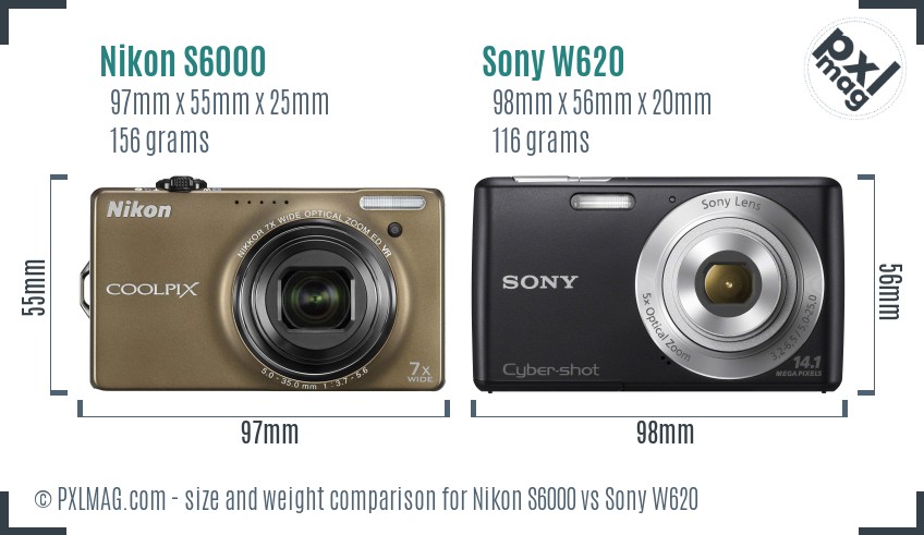 Nikon S6000 vs Sony W620 size comparison