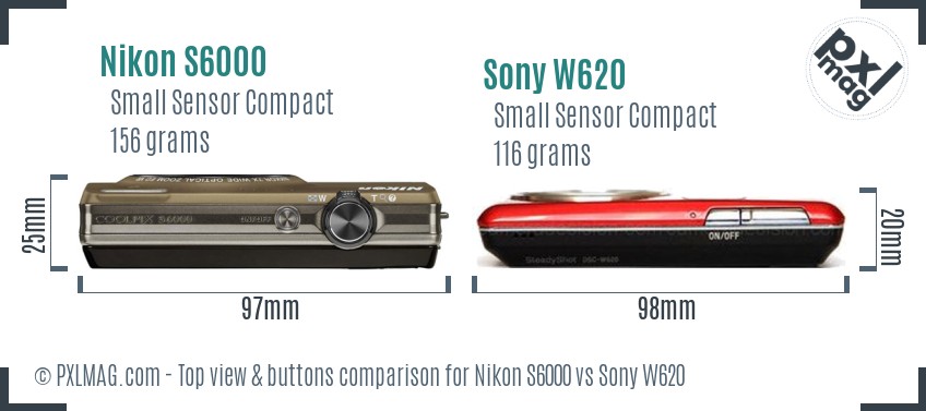 Nikon S6000 vs Sony W620 top view buttons comparison