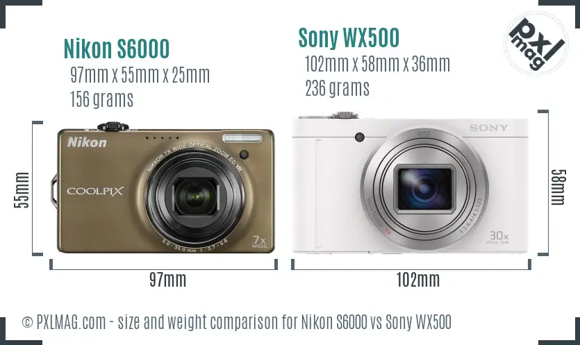Nikon S6000 vs Sony WX500 size comparison