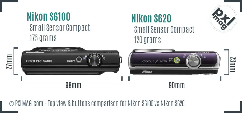 Nikon S6100 vs Nikon S620 top view buttons comparison