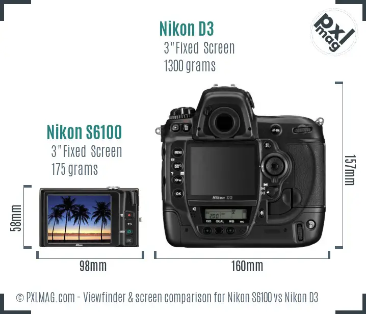 Nikon S6100 vs Nikon D3 Screen and Viewfinder comparison