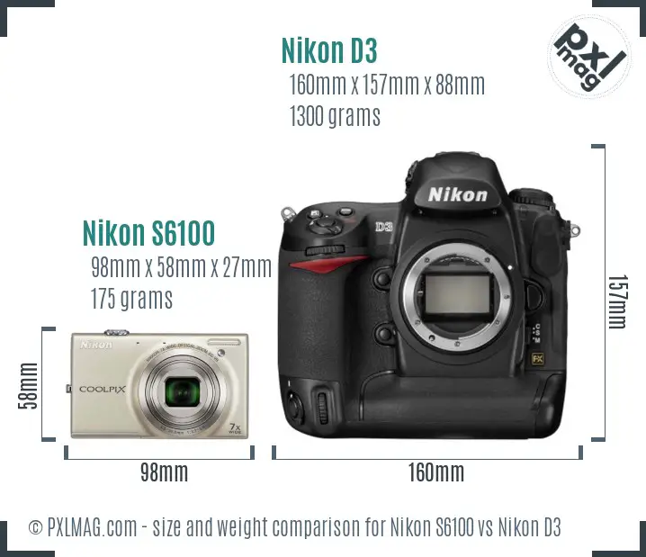 Nikon S6100 vs Nikon D3 size comparison
