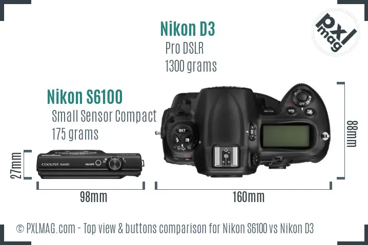 Nikon S6100 vs Nikon D3 top view buttons comparison